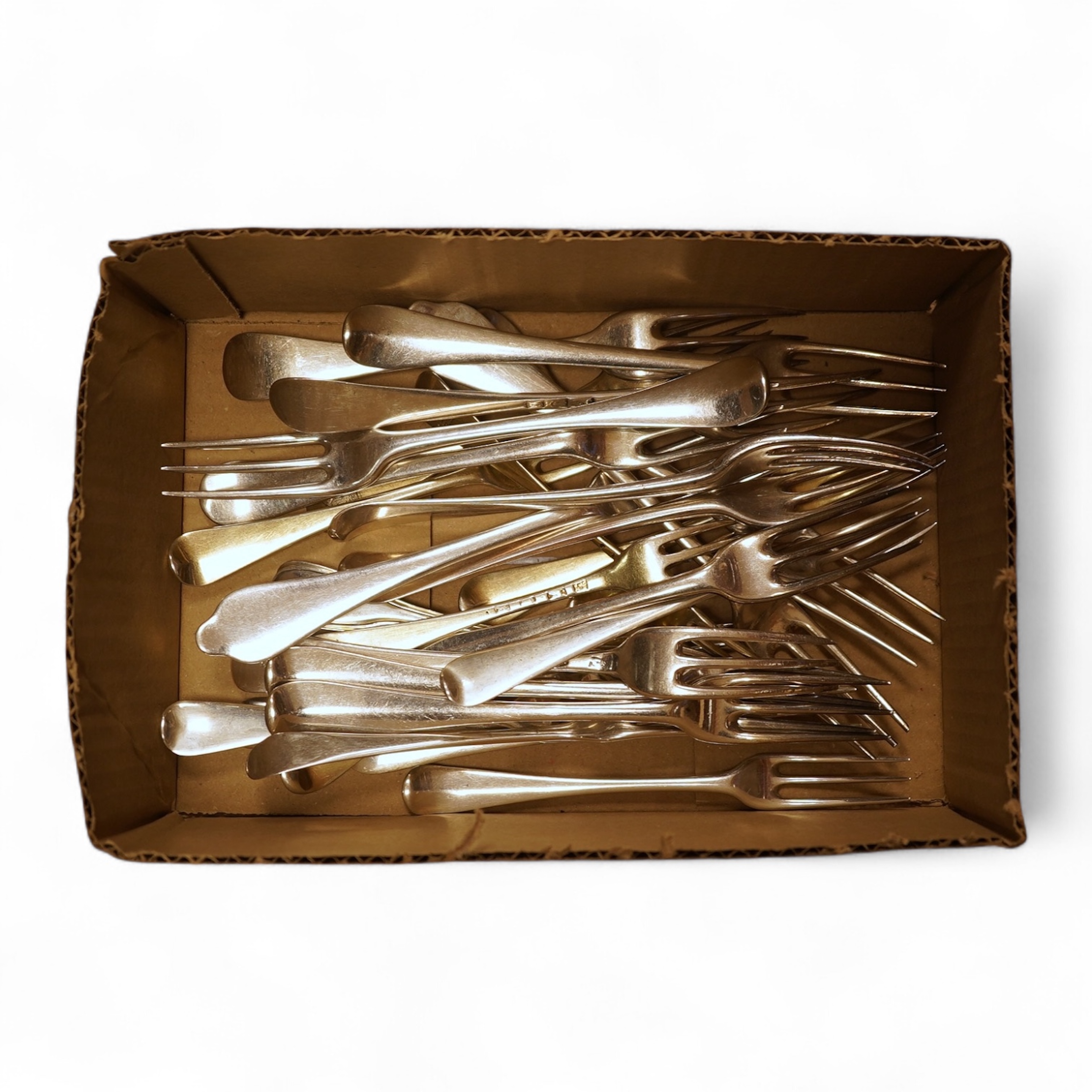 A collection of assorted mainly 18th century silver three pronged table forks, including a pair of dog nose, 19.1cm, most with indistinct or rubbed marks, together with a similar collection of thirteen silver three prong